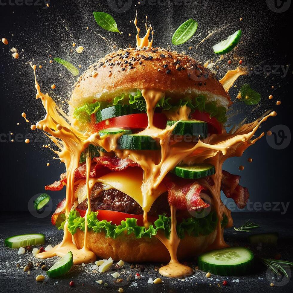 AI generated An exploding burger featuring fresh veggies and melted cheese, set against a black background. photo