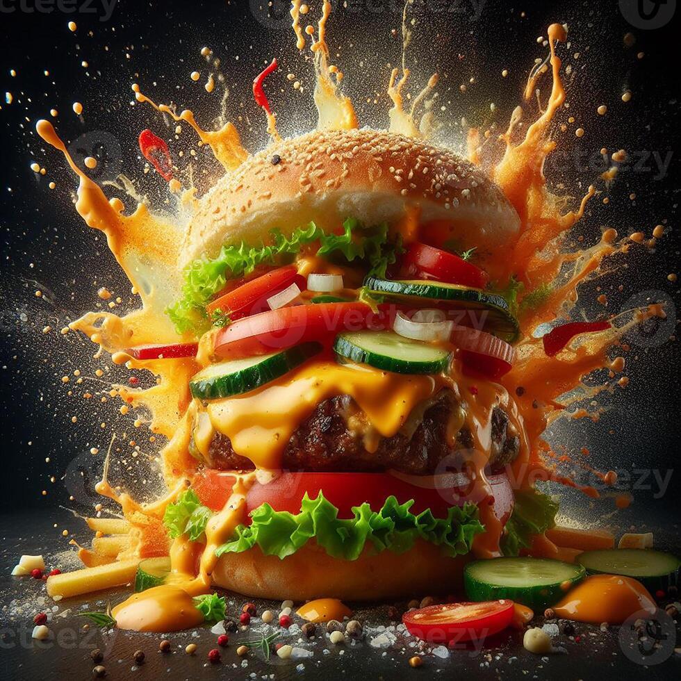 AI generated An exploding burger featuring fresh veggies and melted cheese, set against a black background. photo