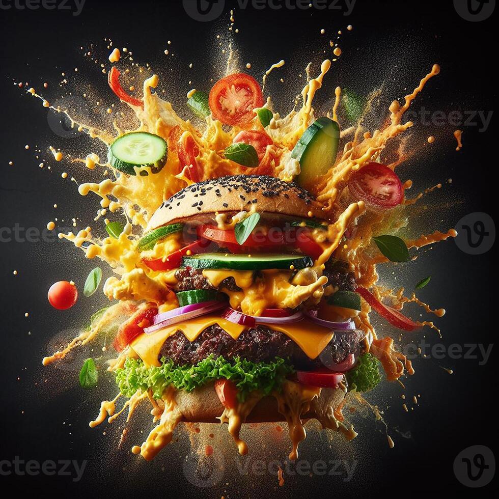 AI generated An exploding burger featuring fresh veggies and melted cheese, set against a black background. photo