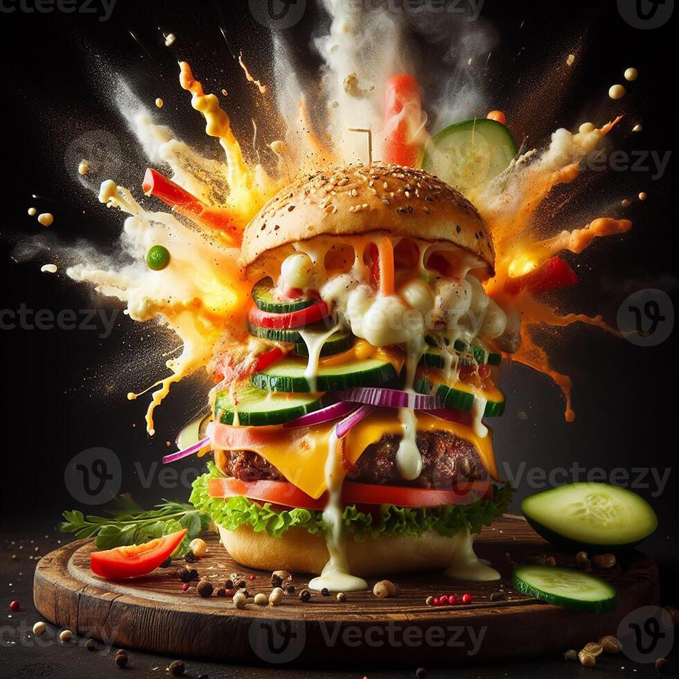 AI generated An exploding burger featuring fresh veggies and melted cheese, set against a black background. photo