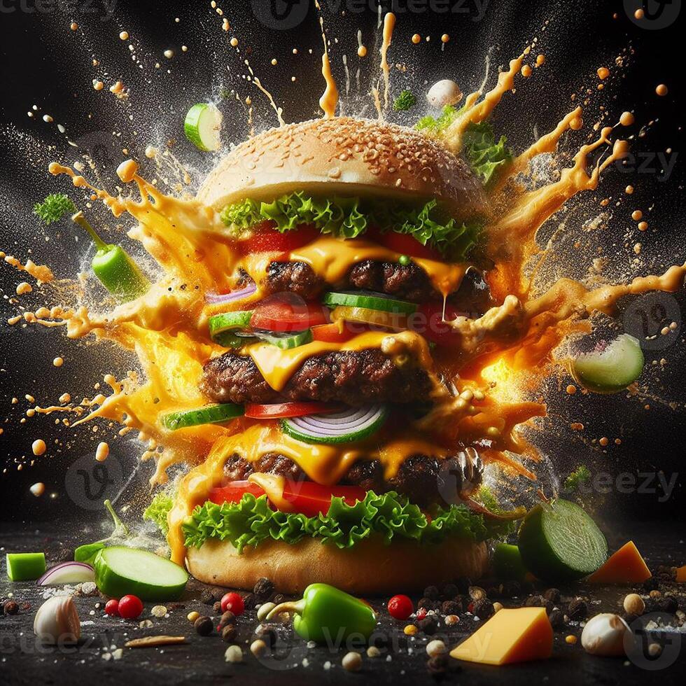 AI generated An exploding burger featuring fresh veggies and melted cheese, set against a black background. photo