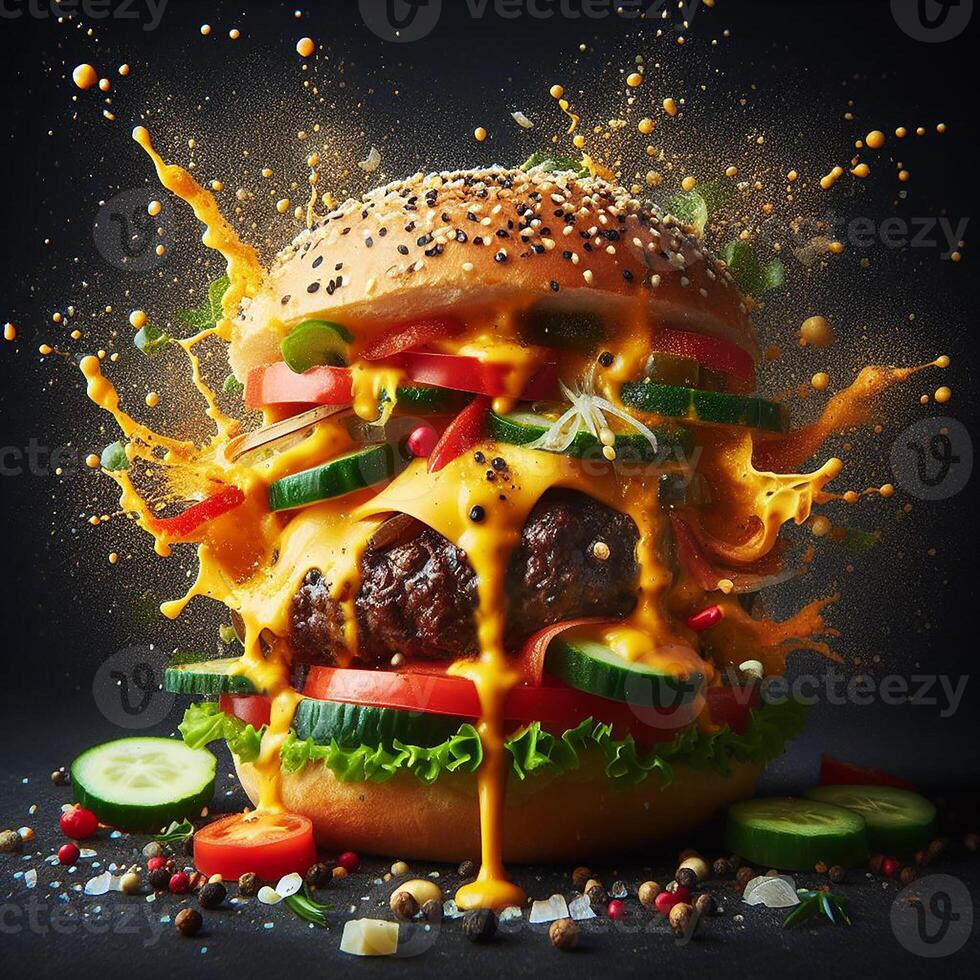 AI generated An exploding burger featuring fresh veggies and melted cheese, set against a black background. photo