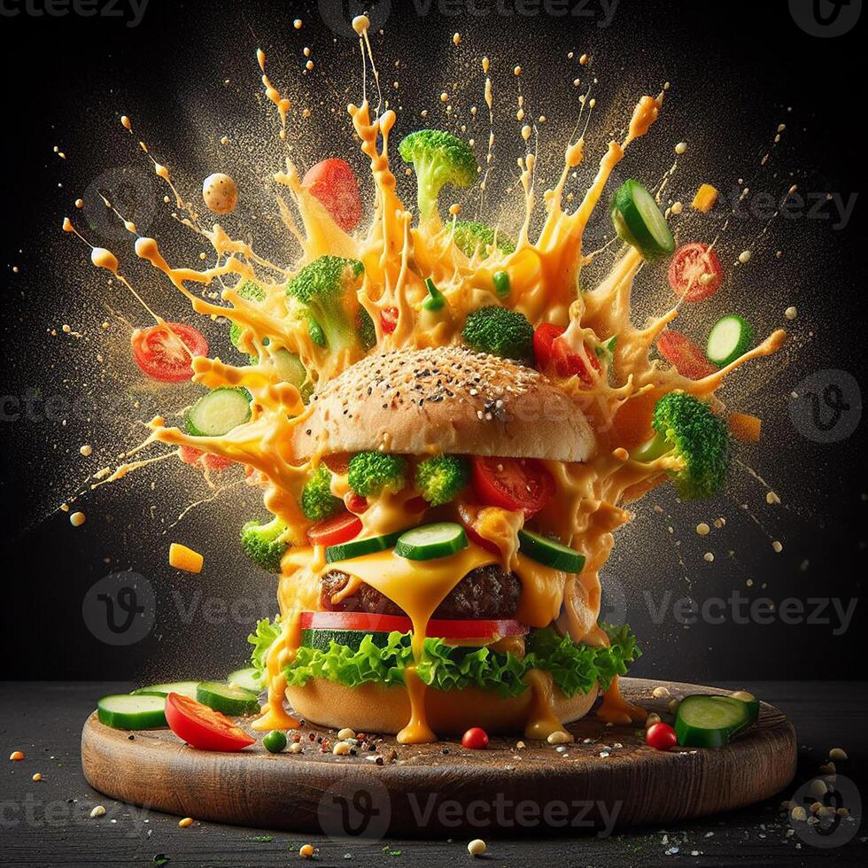 AI generated An exploding burger featuring fresh veggies and melted cheese, set against a black background. photo