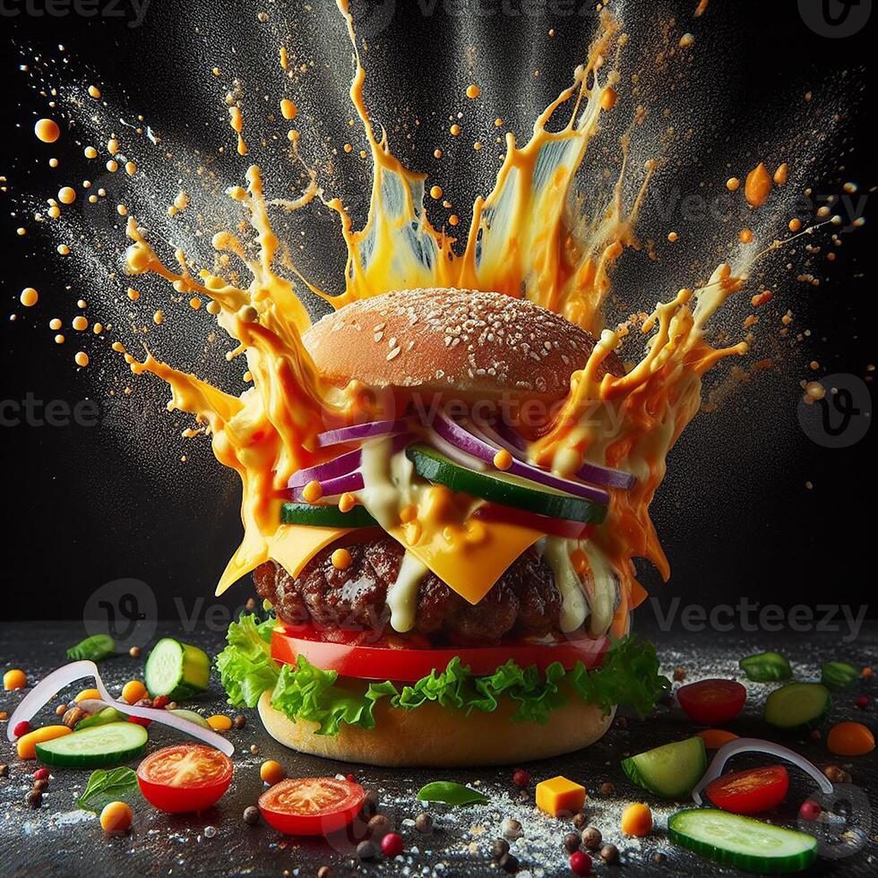 AI generated An exploding burger featuring fresh veggies and melted cheese, set against a black background. photo
