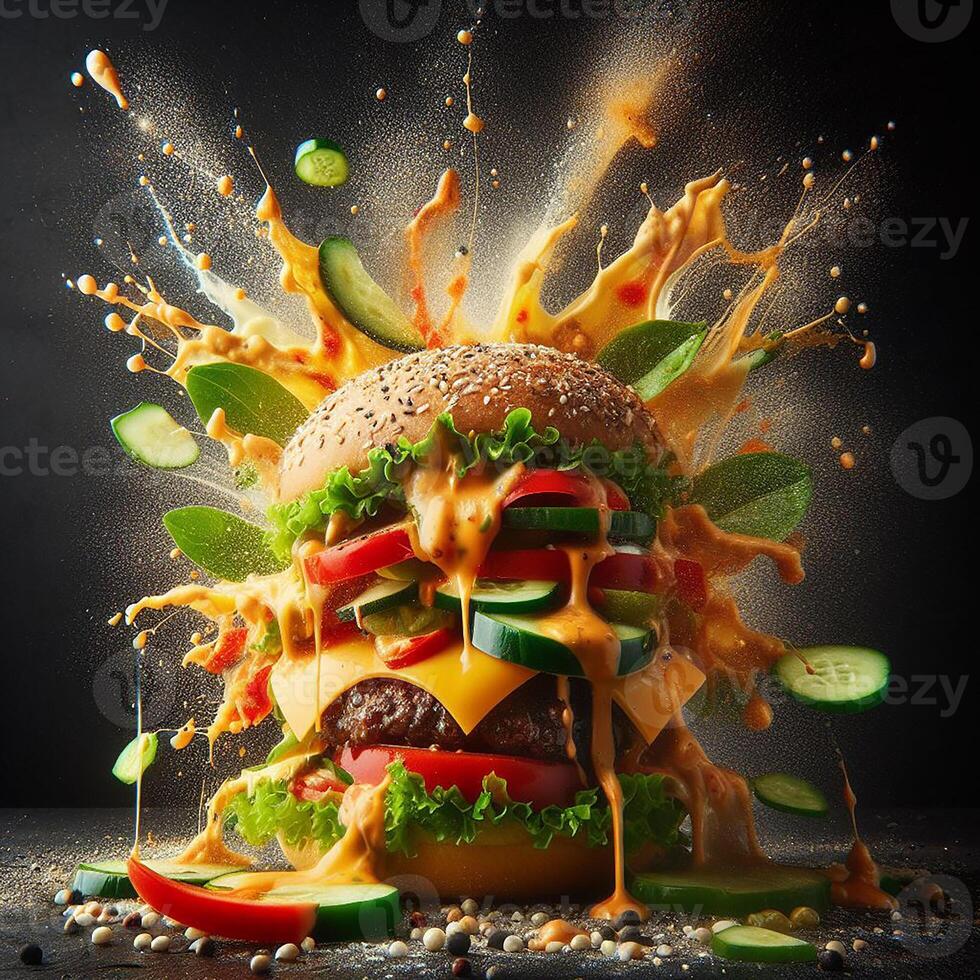 AI generated An exploding burger featuring fresh veggies and melted cheese, set against a black background. photo