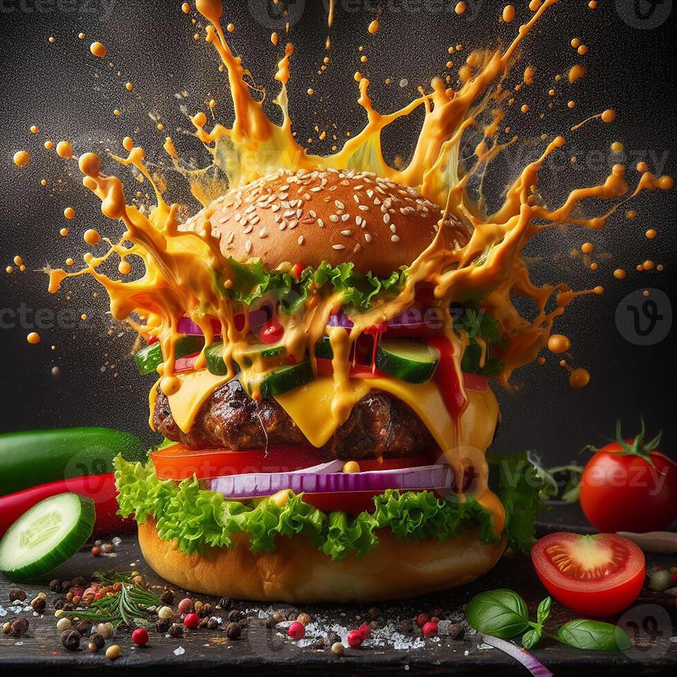 AI generated An exploding burger featuring fresh veggies and melted cheese, set against a black background. photo