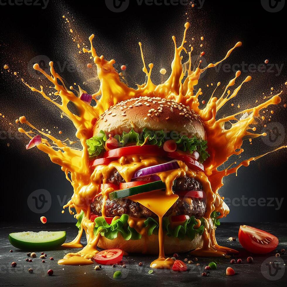AI generated An exploding burger featuring fresh veggies and melted cheese, set against a black background. photo