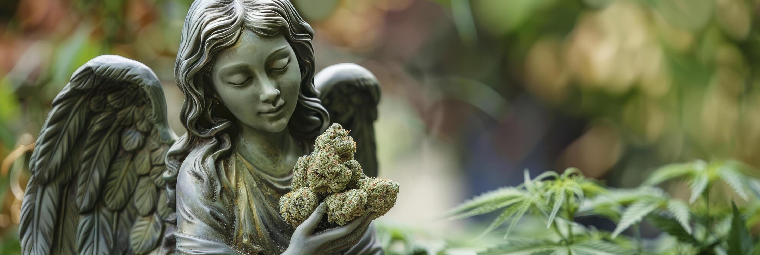 ai generado surrealista serenidad, estatua de un hermosa ángel abrazando marijuana pepitas, mezcla artístico contrastes foto