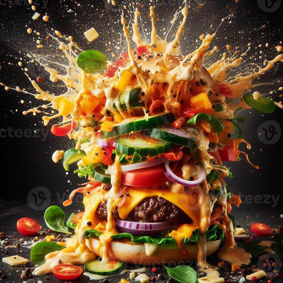 AI generated An exploding burger featuring fresh veggies and melted cheese, set against a black background. photo