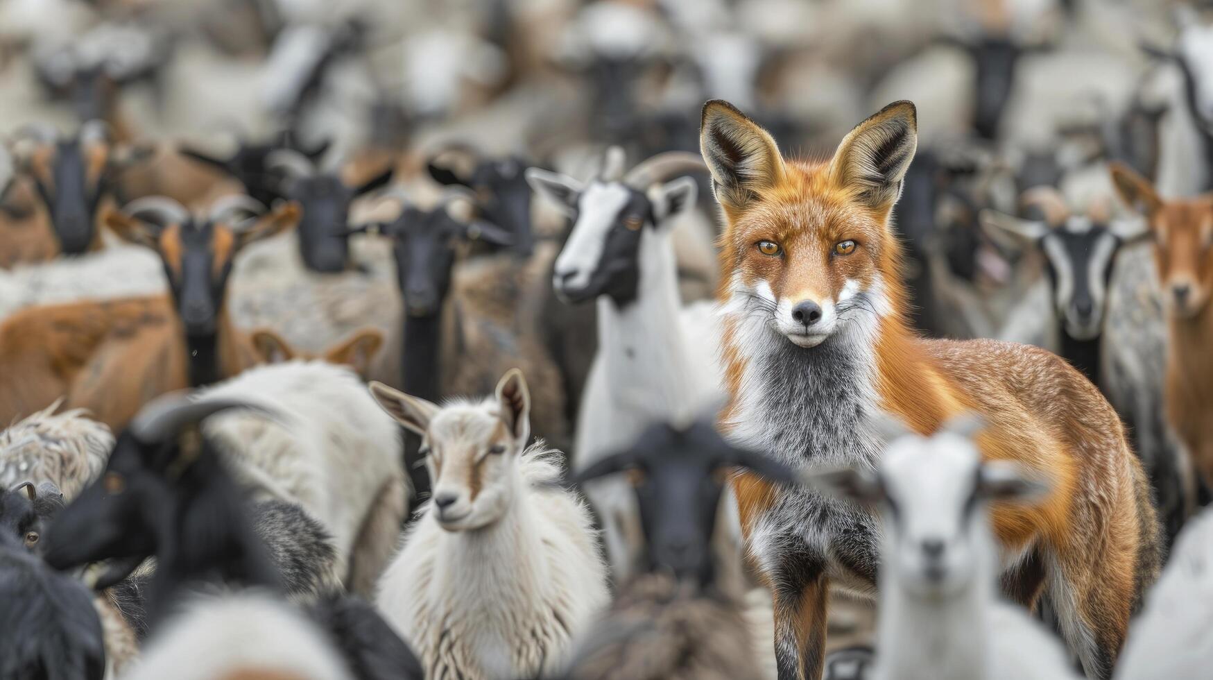 AI generated A fox among a crowd of goats, photo