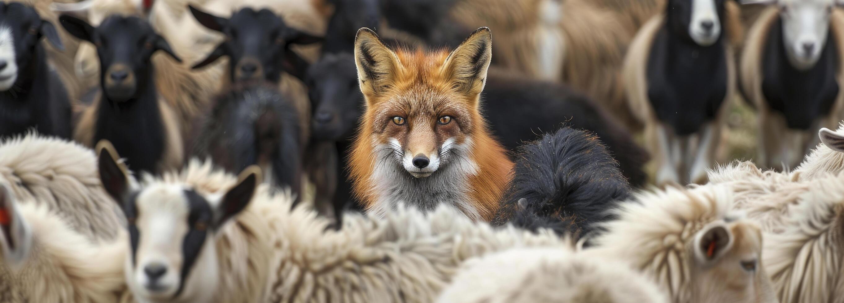 AI generated A fox among a crowd of goats, photo
