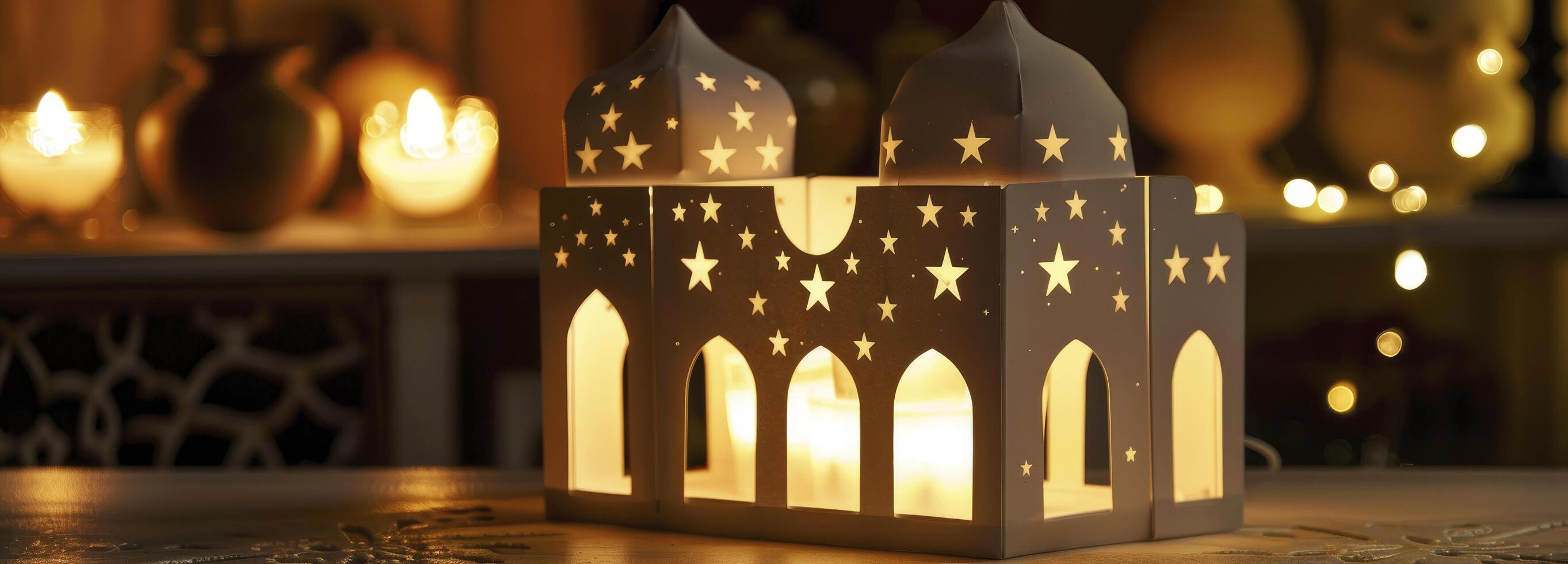 AI generated An adorable light box with stars on the side, in the style of Islamic art and architecture. photo