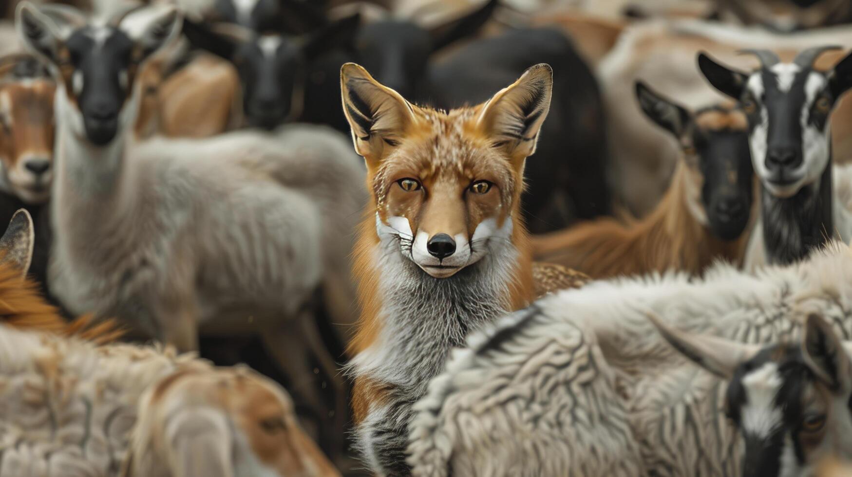 AI generated A fox among a crowd of goats, photo