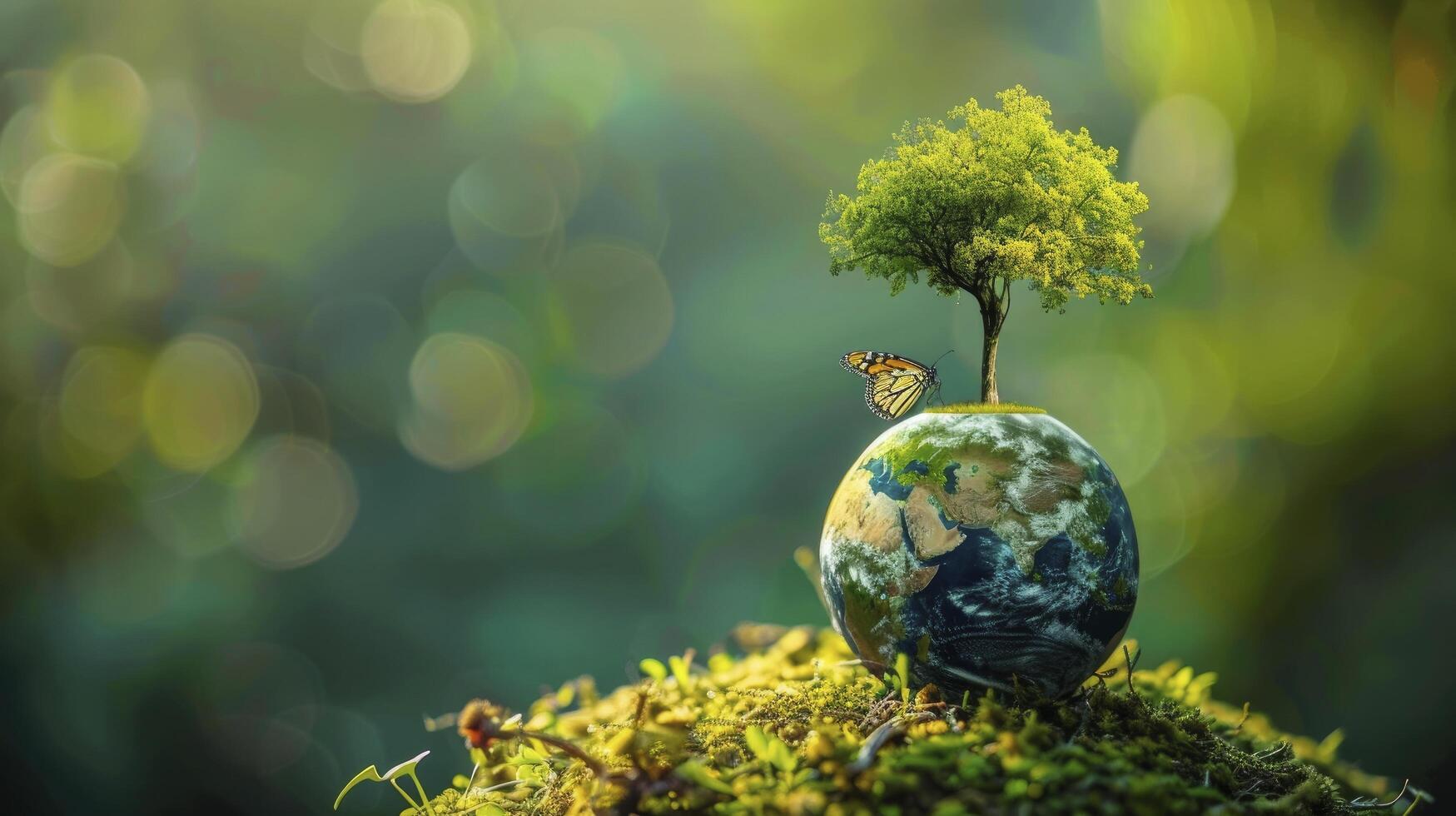 AI generated Harmony of Nature, Tree Flourishing on Earth Surface, Amidst Lush Green Grass and Butterfly. Symbolizing World Ecology, Environment Day, Earth Day, and Environmental Conservation. photo