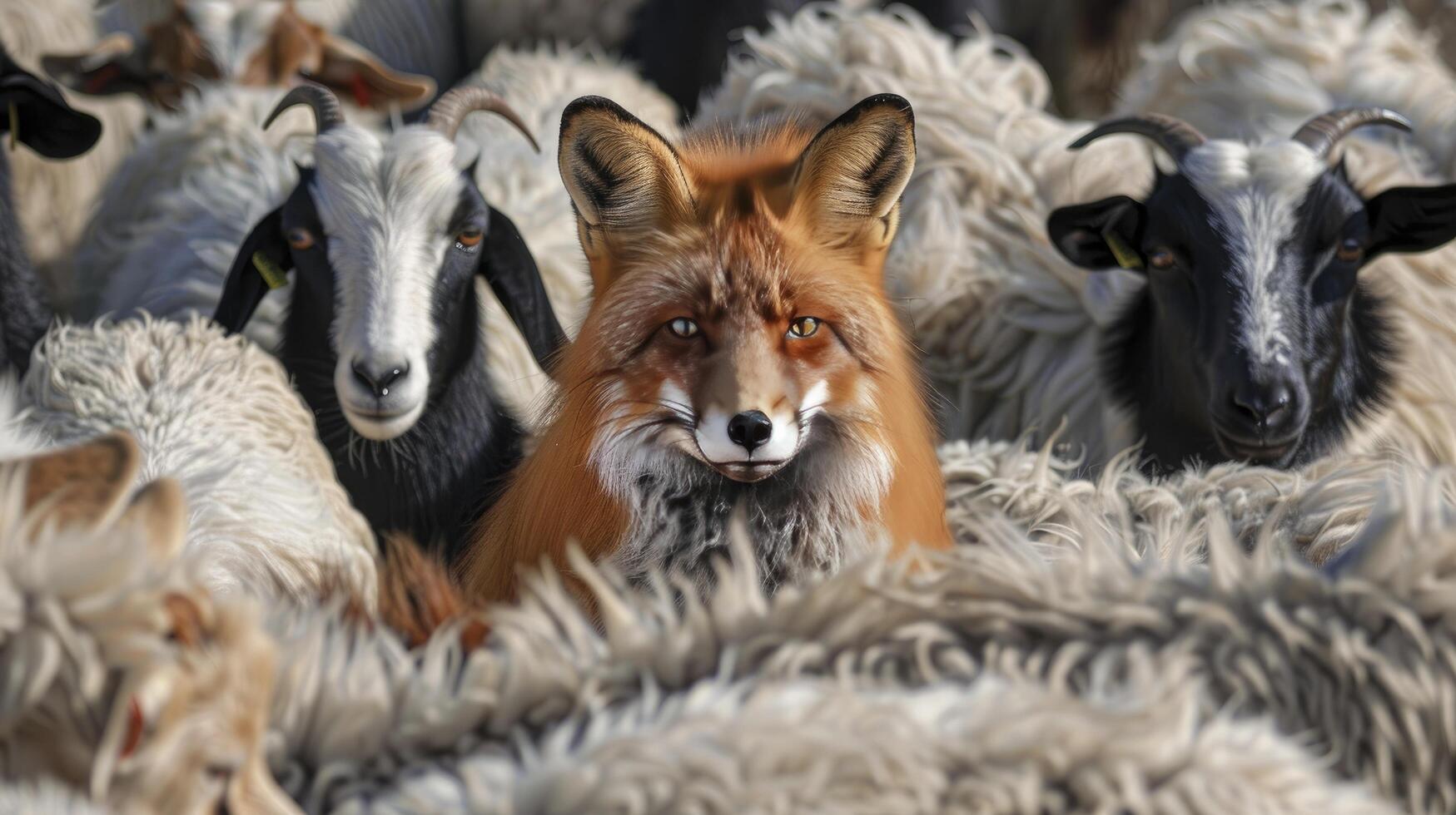 AI generated A fox among a crowd of goats, photo