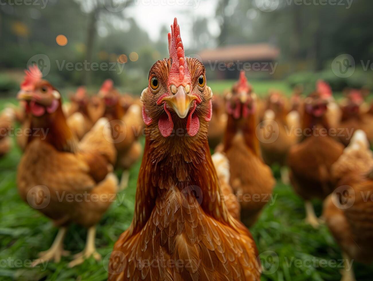 ai generado pollos en pie en campo foto