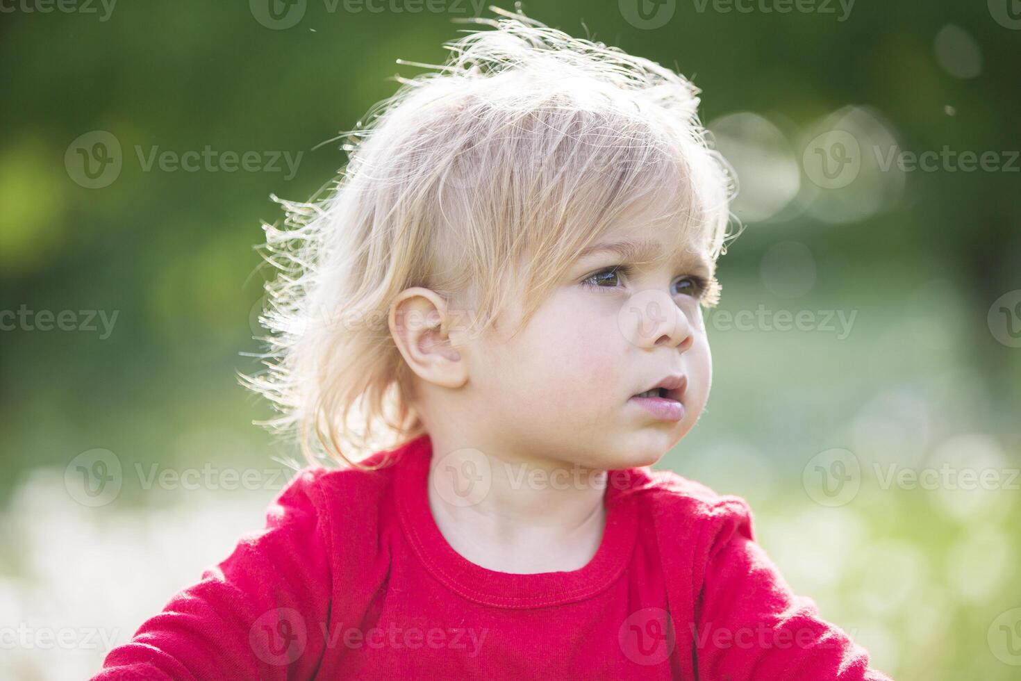 hermosa dos año antiguo rubio bebé. el cara de el niño cerca arriba. foto