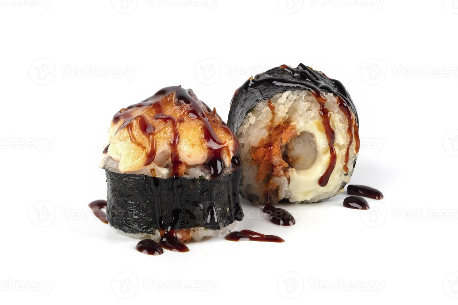 Sushi isolated on white background. Baked sushi with soy sauce. photo