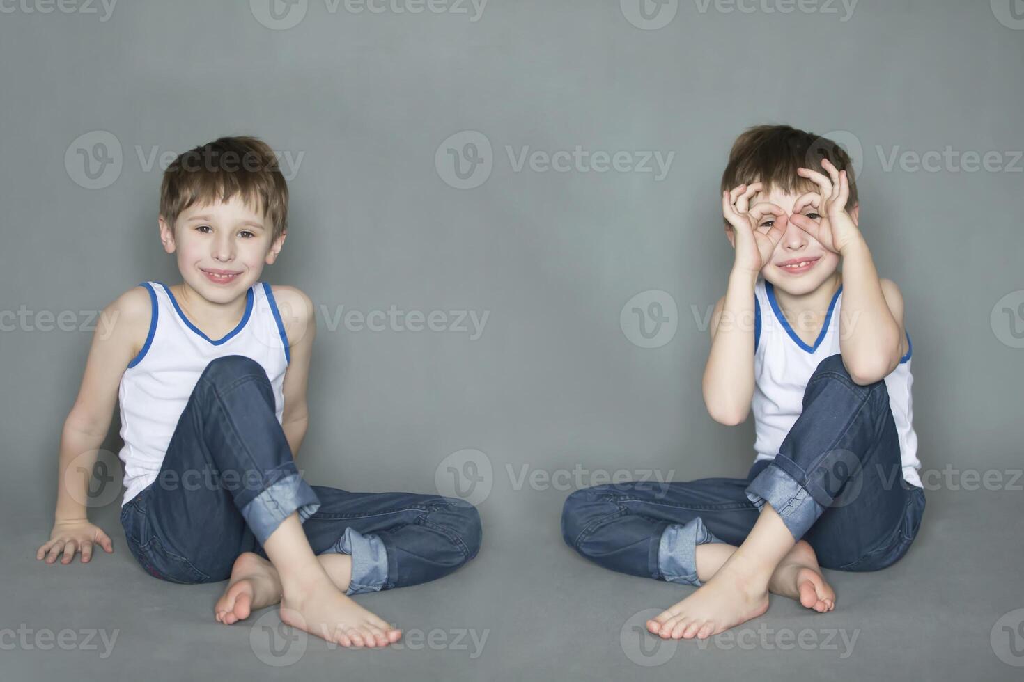 Twins. Two cheerful twin boys. Children 7-8 years photo