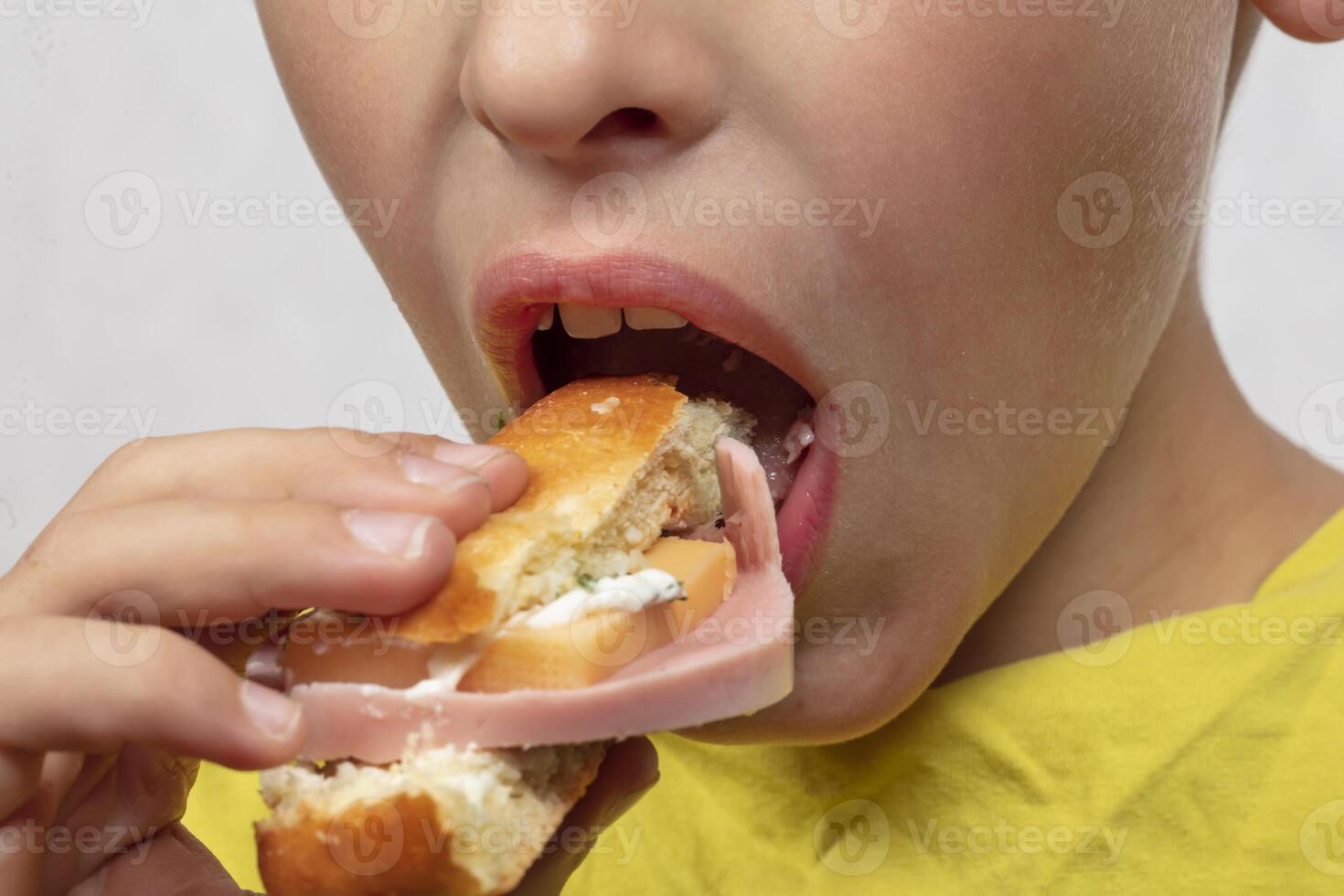 The child's hands hold a delicious sandwich near his mouth. photo