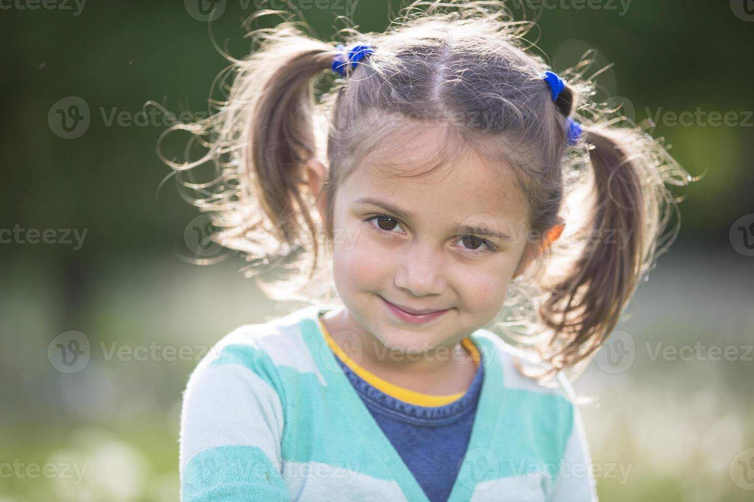 retrato de un preescolar muchacha. el cara de un cinco año antiguo contento niña foto