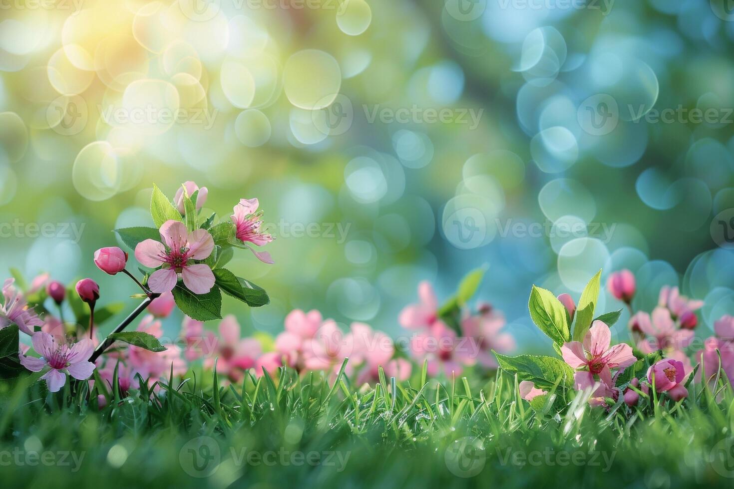 AI generated Lush floral scenes showcasing a variety of blossoms in soft, radiant light with a bokeh background photo