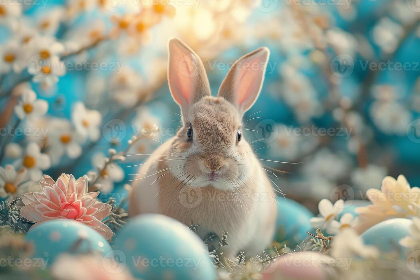 ai generado un amable conejito anidado entre pastel Pascua de Resurrección huevos y floreciente flores debajo un suave, soñador ligero foto