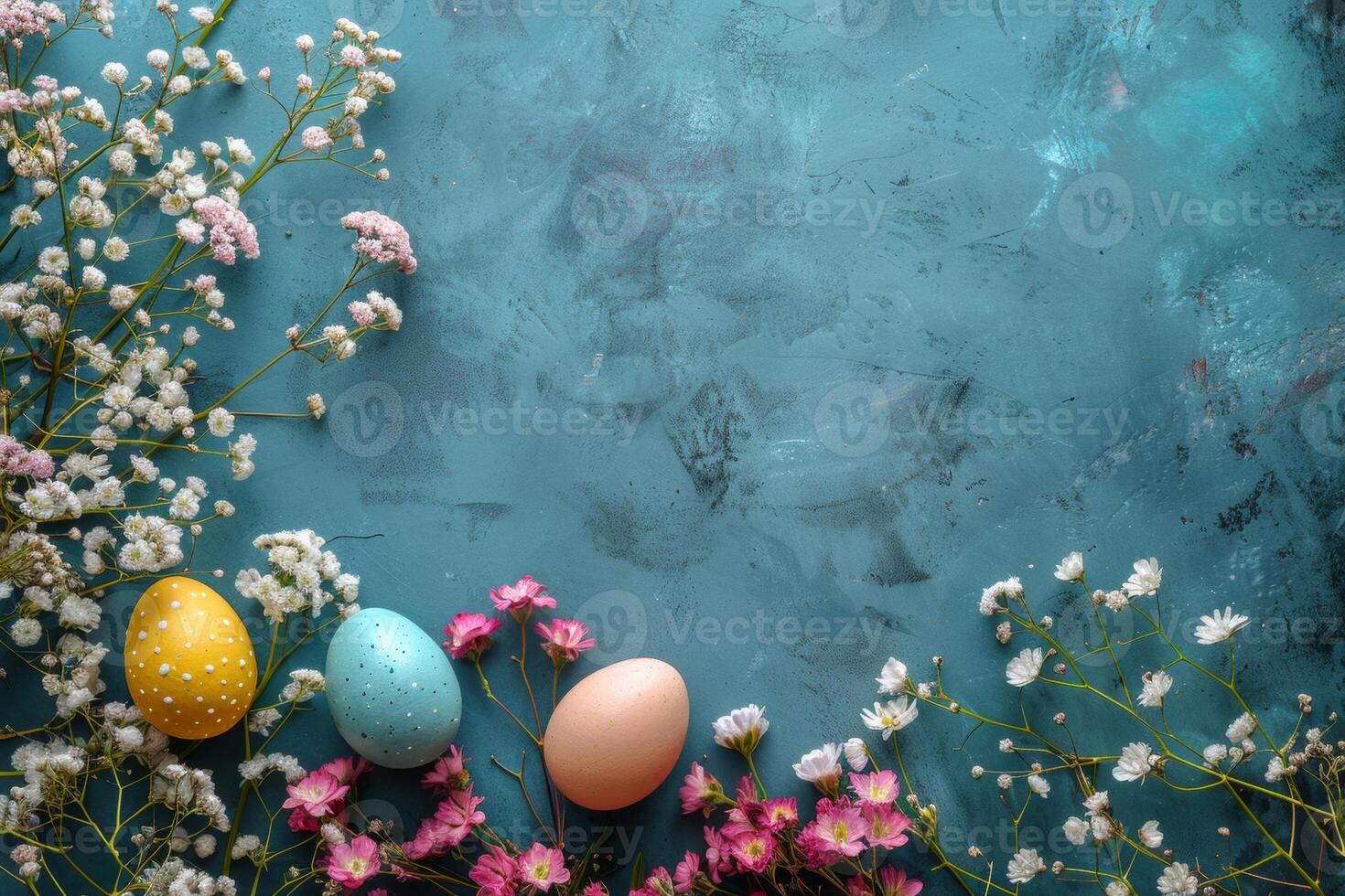ai generado decorativo Pascua de Resurrección huevos con floral patrones en un oscuro pizarra fondo, acentuado con Fresco margaritas y verdor foto