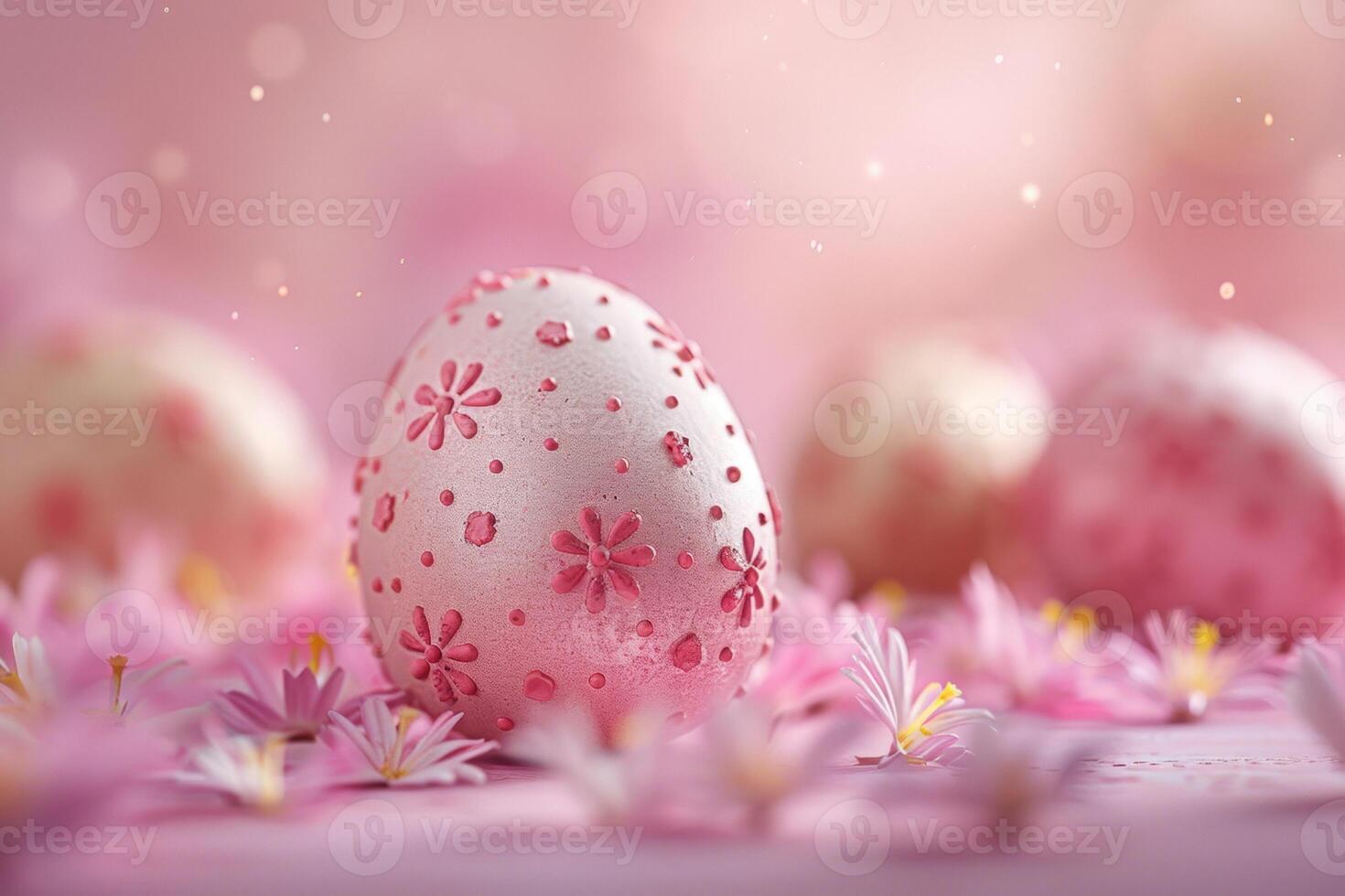 AI generated Decorative Easter eggs with floral patterns on a dark slate background, accented with fresh daisies and greenery photo