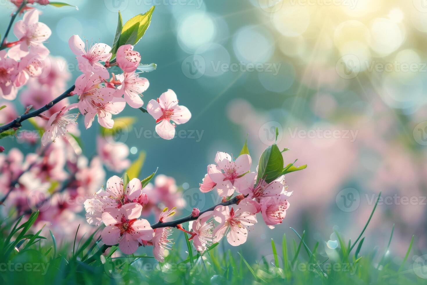 AI generated Lush floral scenes showcasing a variety of blossoms in soft, radiant light with a bokeh background photo