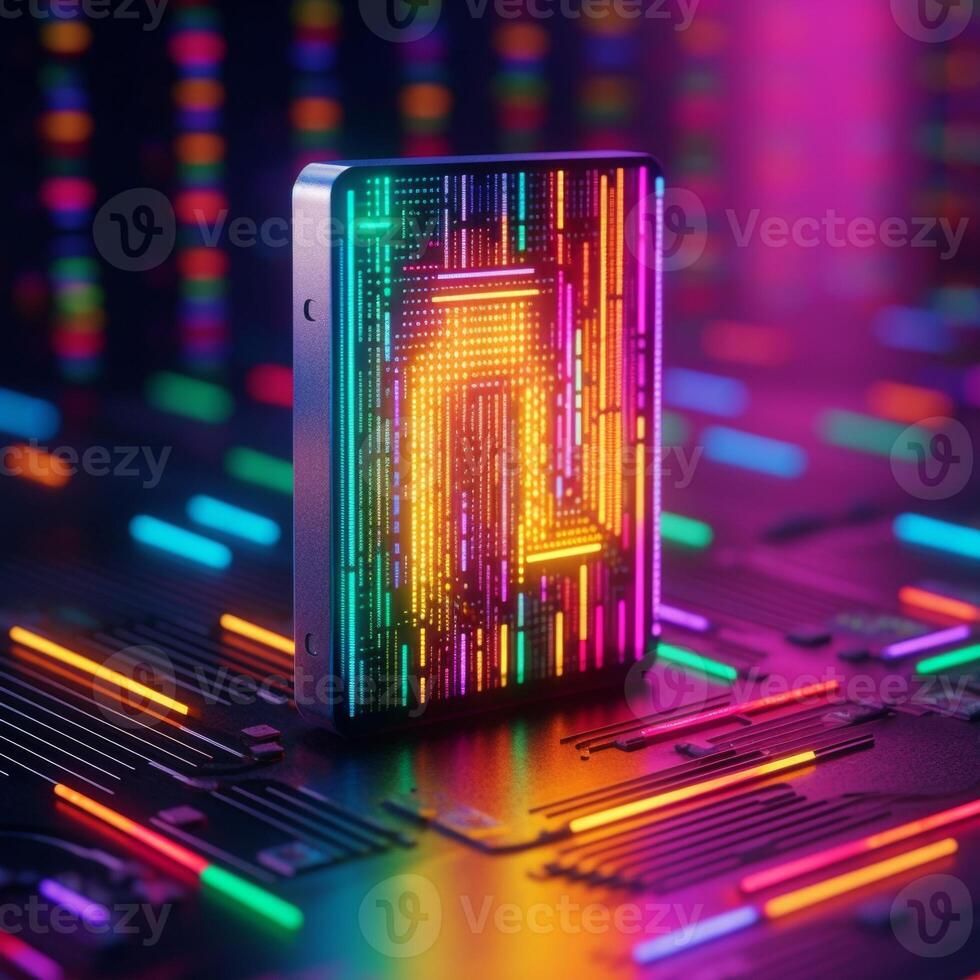 AI generated A neon-lit, futuristic SSD with vivid digital patterns on a motherboard backdrop. photo