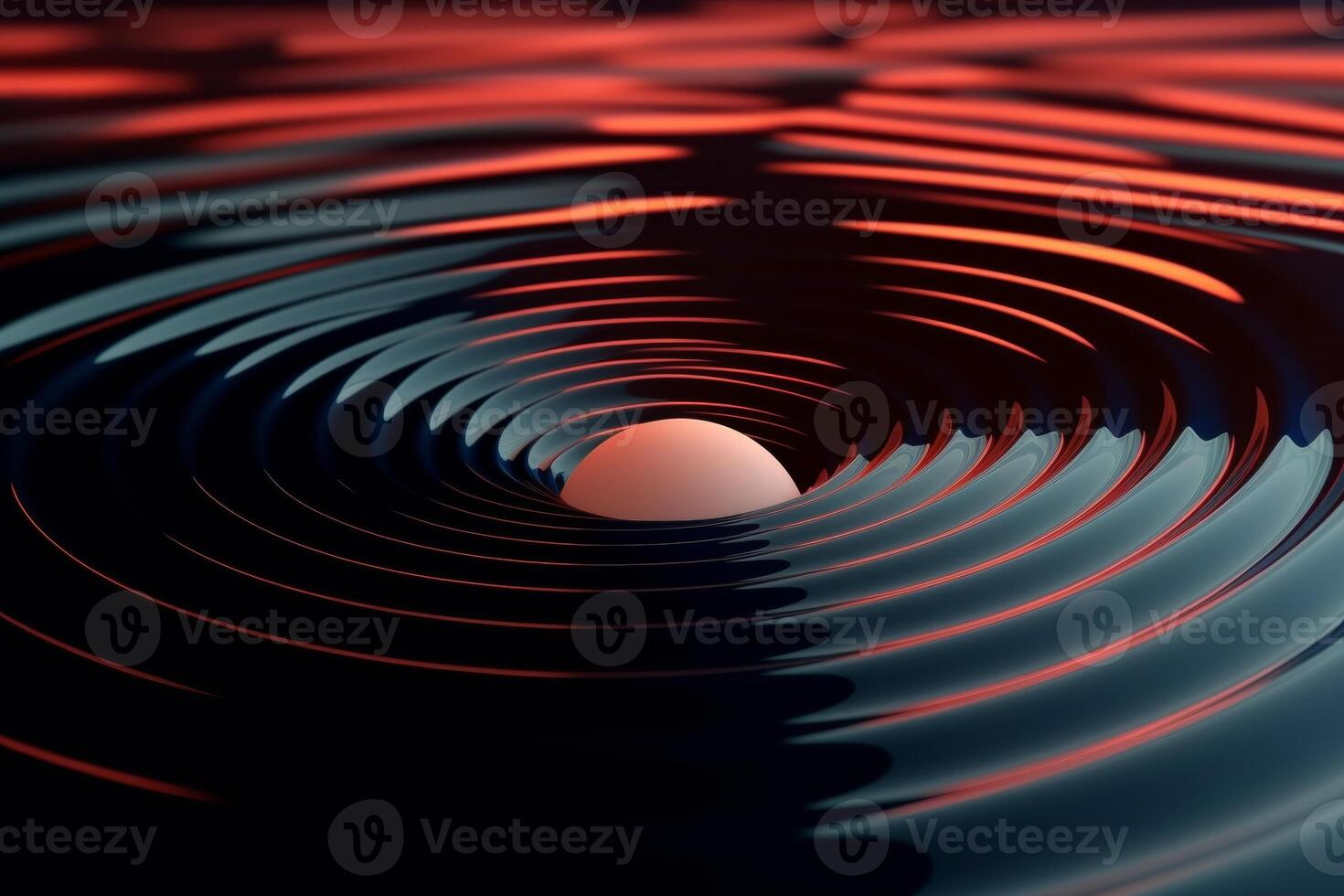 AI generated An abstract design with a central sphere surrounded by undulating waves in a gradient of red to dark blue photo