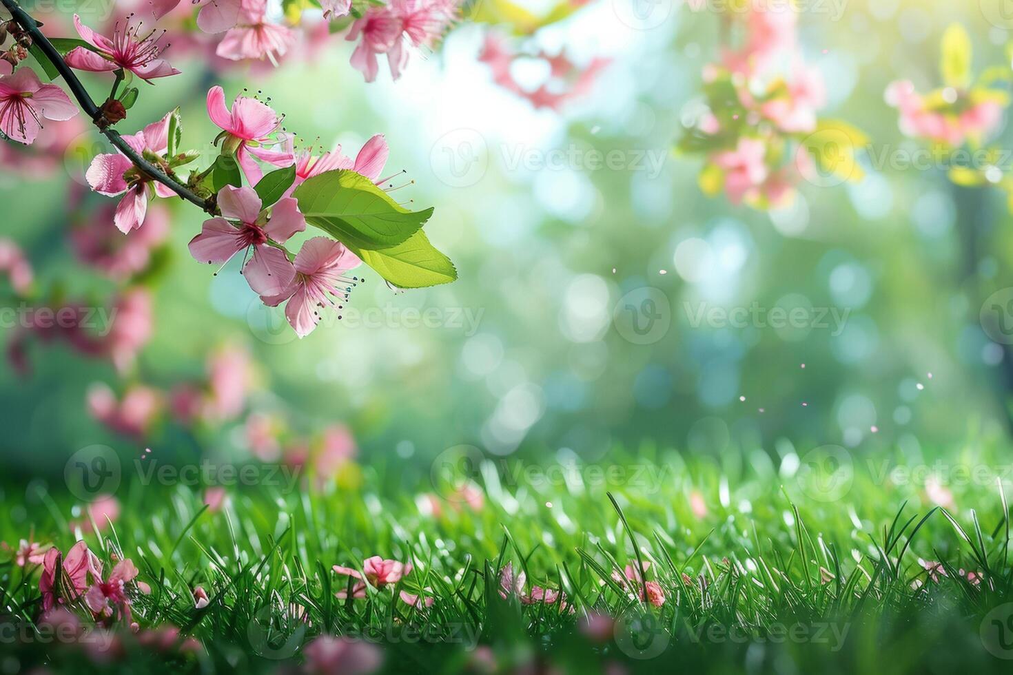 AI generated Lush floral scenes showcasing a variety of blossoms in soft, radiant light with a bokeh background photo