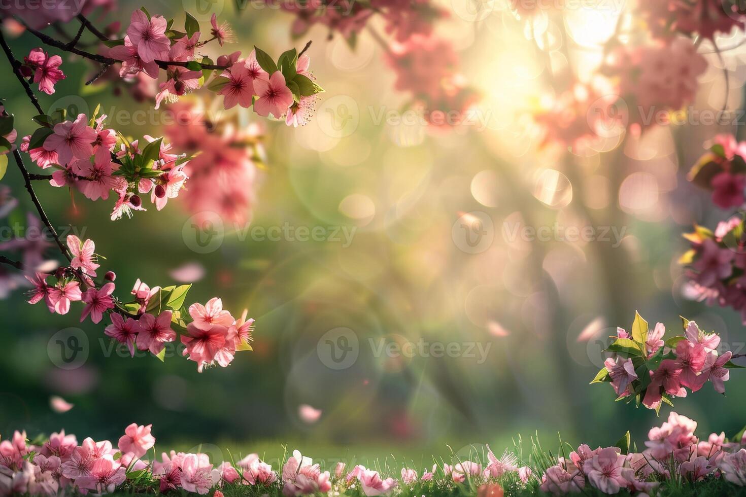 AI generated Lush floral scenes showcasing a variety of blossoms in soft, radiant light with a bokeh background photo