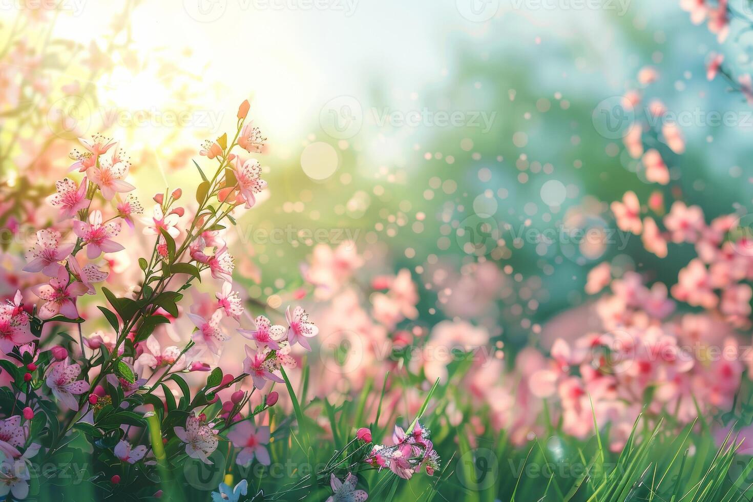 ai generado lozano floral escenas exhibiendo un variedad de flores en suave, radiante ligero con un bokeh antecedentes foto