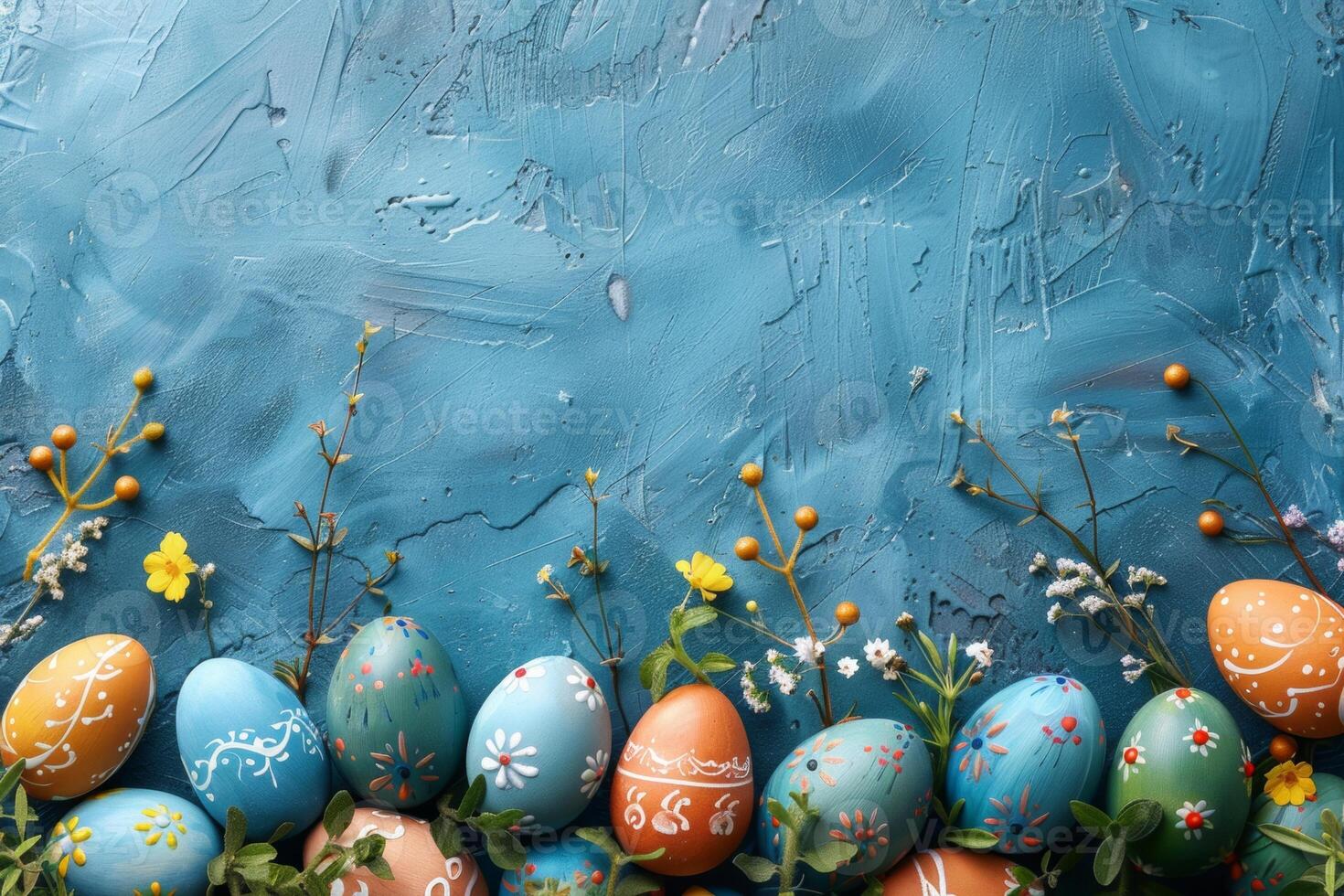 AI generated Decorative Easter eggs with floral patterns on a dark slate background, accented with fresh daisies and greenery photo