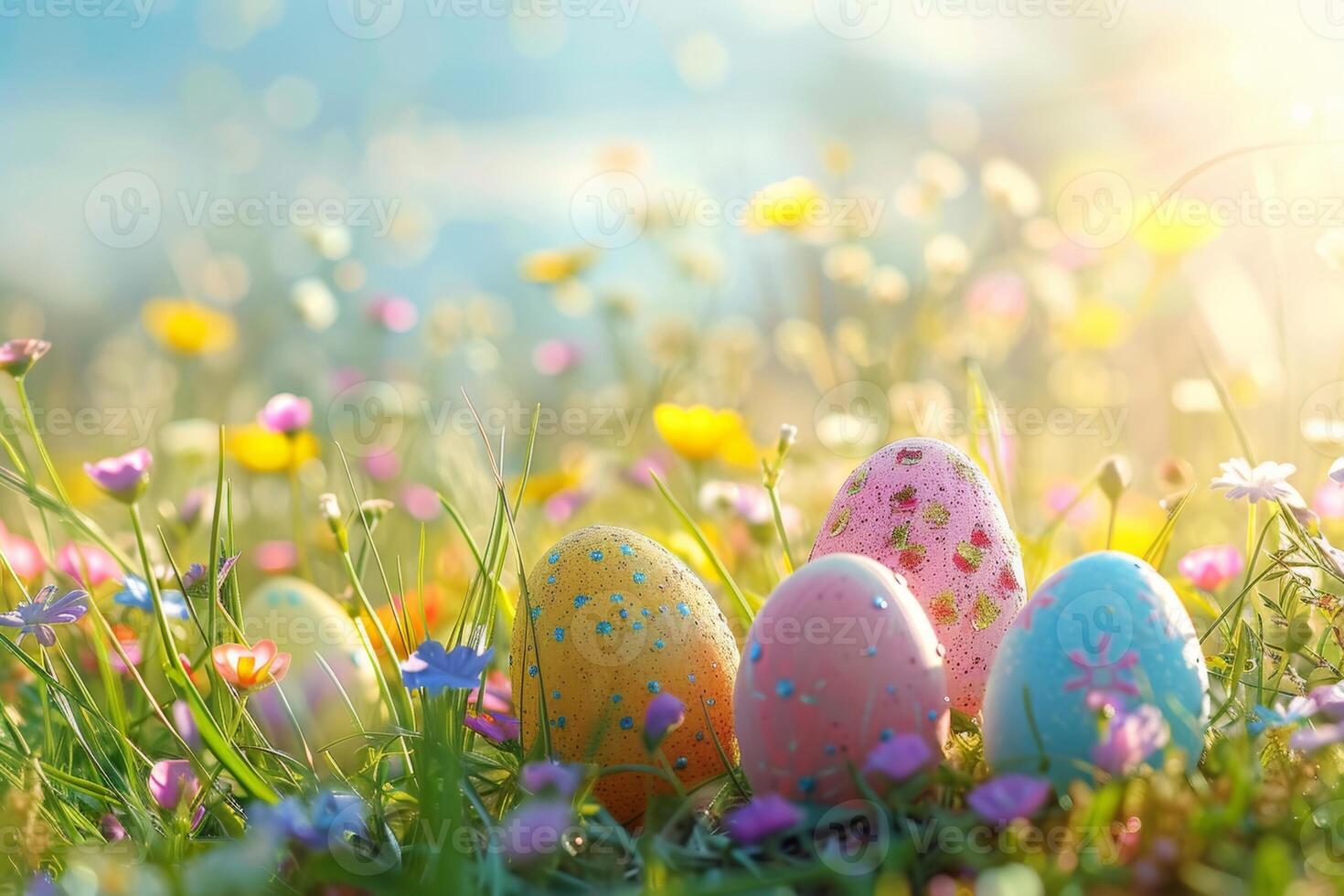 ai generado vistoso Pascua de Resurrección huevos decorado con patrones descansando en vibrante primavera césped en medio de flores silvestres, bañado en luz de sol foto