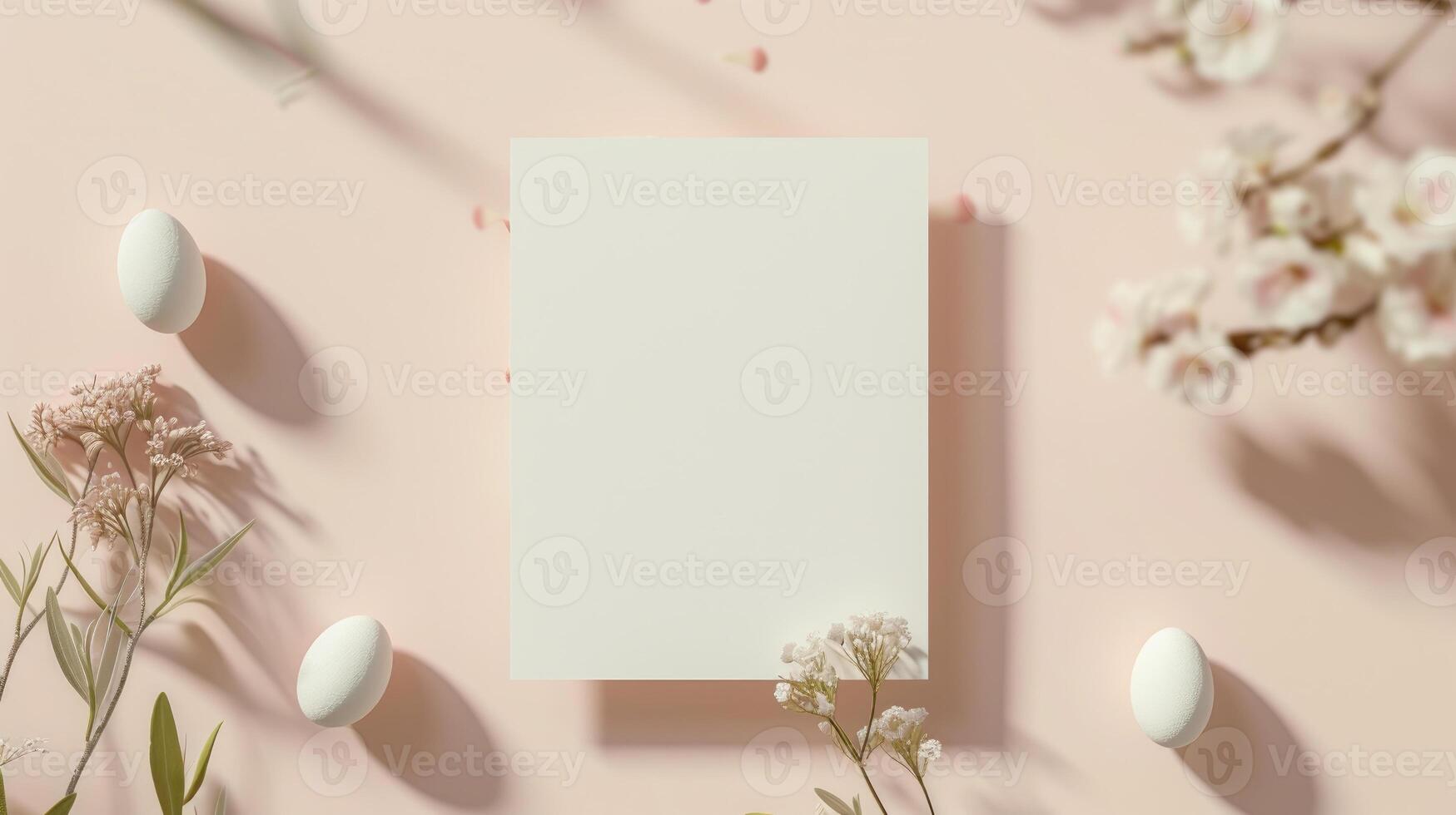 AI generated White Invitation Card For Easter. White blank paper, eggs and floral twigs. Boho Style Mockup On pink pastel Background. photo