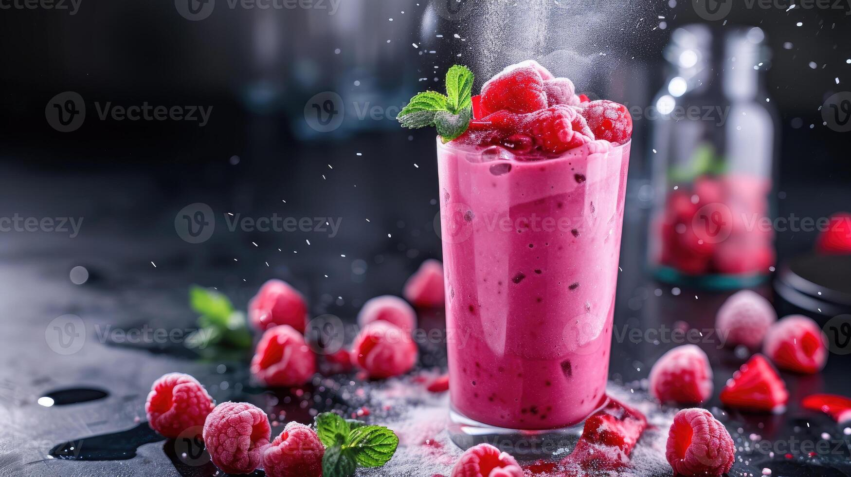 AI generated A glass of pink raspberry smoothie on the table in the kitchen. Healthy food, diet, making detox smoothie concept. photo