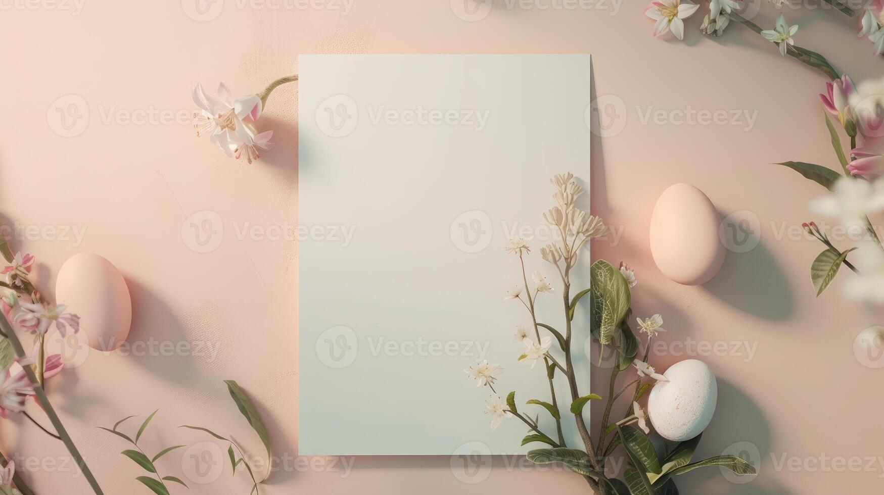 AI generated White Invitation Card  For Easter. White blank paper, eggs and floral twigs. Boho Style Mockup On pink pastel Background. photo