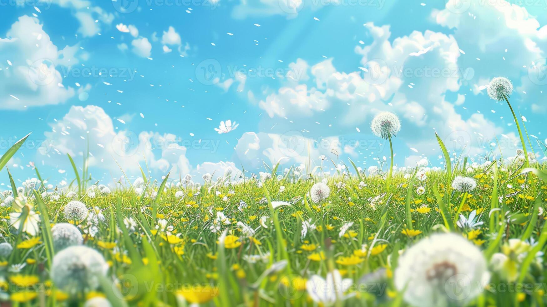 ai generado campo de diente de león y azul cielo. verano primavera Perfecto natural paisaje. naturaleza antecedentes. foto