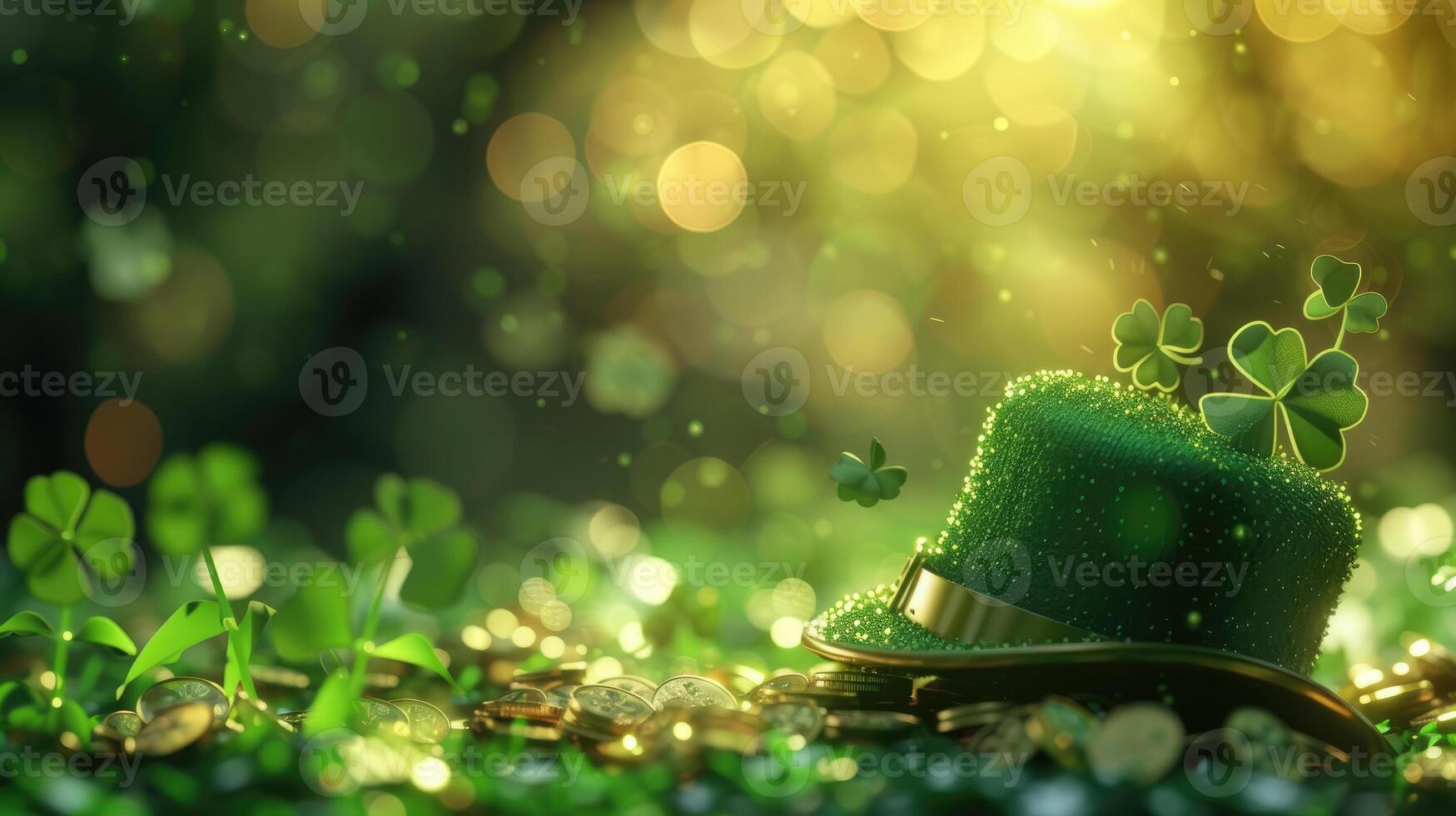 AI generated St. Patrick's Day background with  green hat, gold coins and clover leaves. Blured bokeh light effect. Copy space. photo