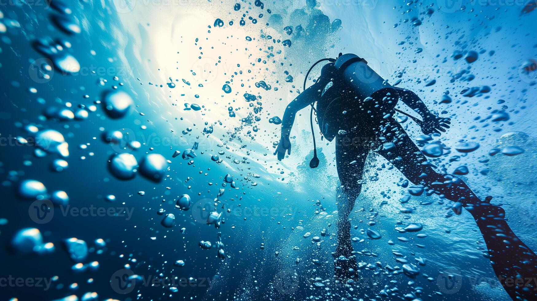 ai generado posterior ver de escafandra autónoma buzo en el Oceano foto