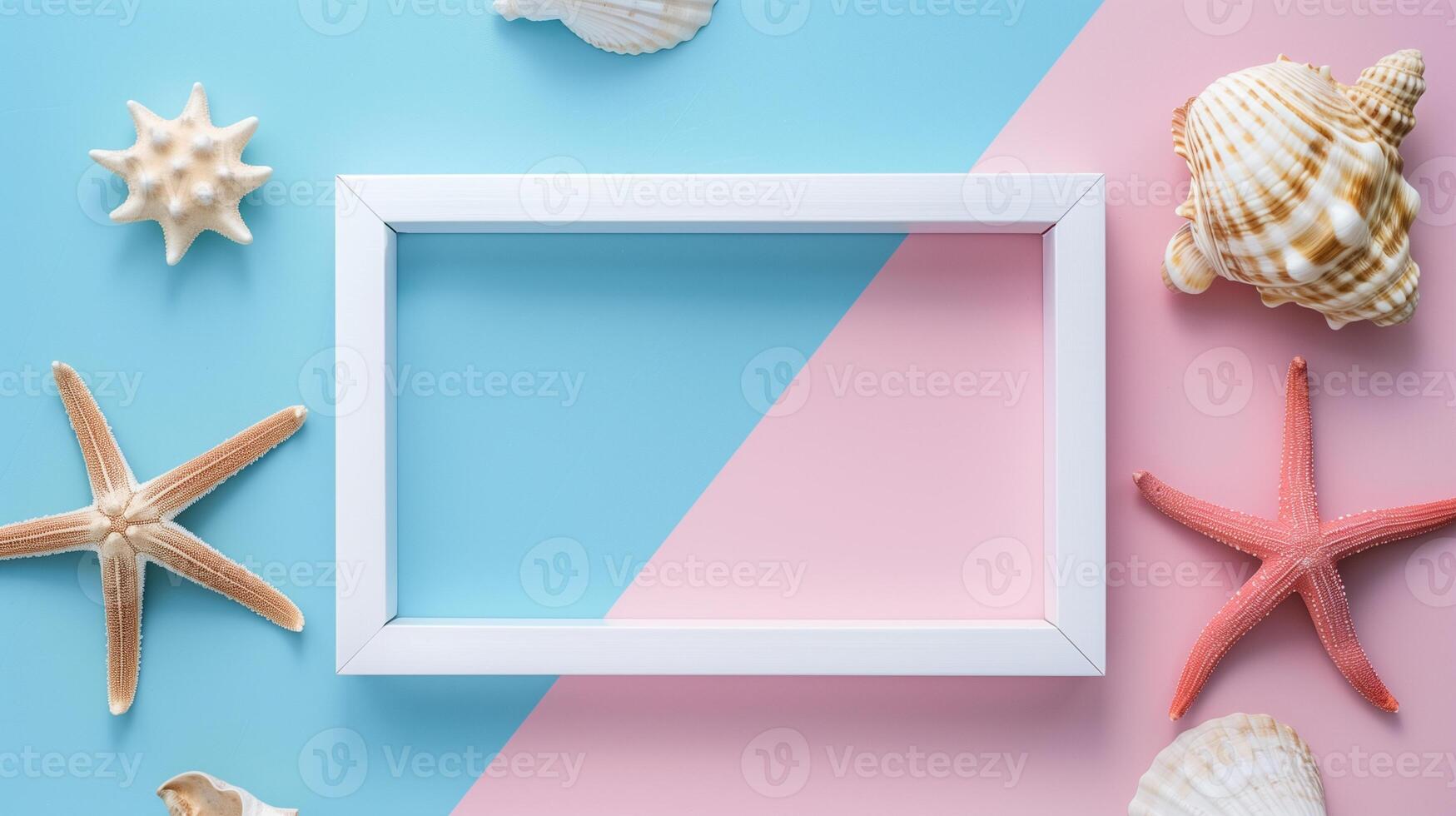 AI generated a white frame with space for text on multicolor background with seashells and seastars photo