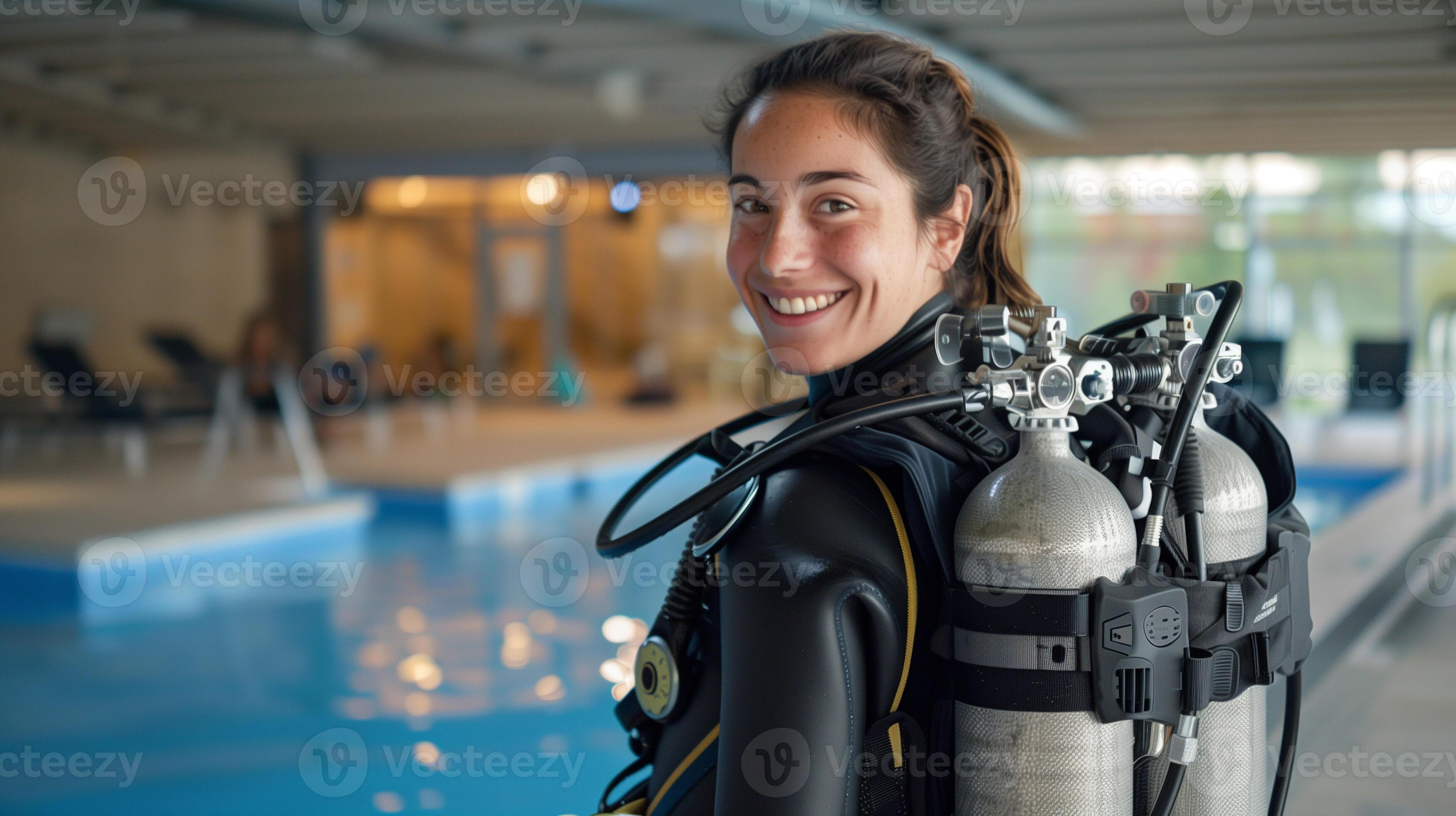 AI generated young woman smiling in black bulky neoprene scuba diving