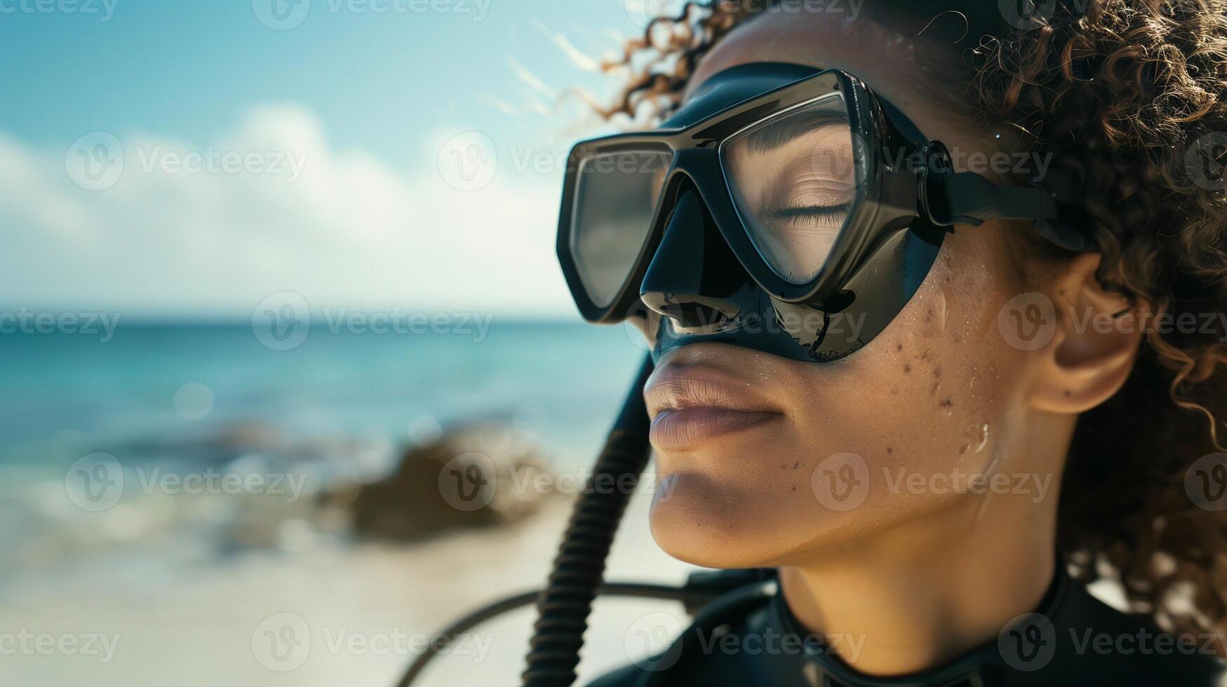 AI generated woman with curly hair with eyes closed in a bulky black rubber drysuit and wearing a sleek black scuba diving mask photo