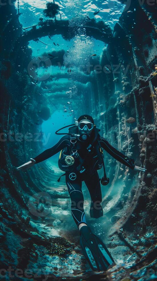 AI generated scuba diver in a wreck photo