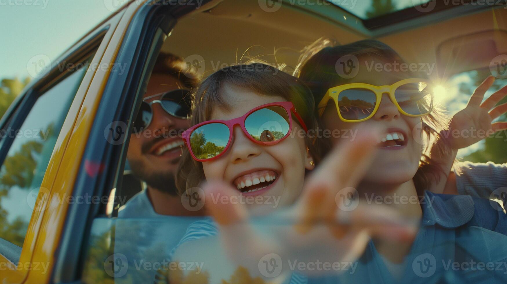 AI generated A cute 5-year-old child and their parents went on a summer trip in car photo