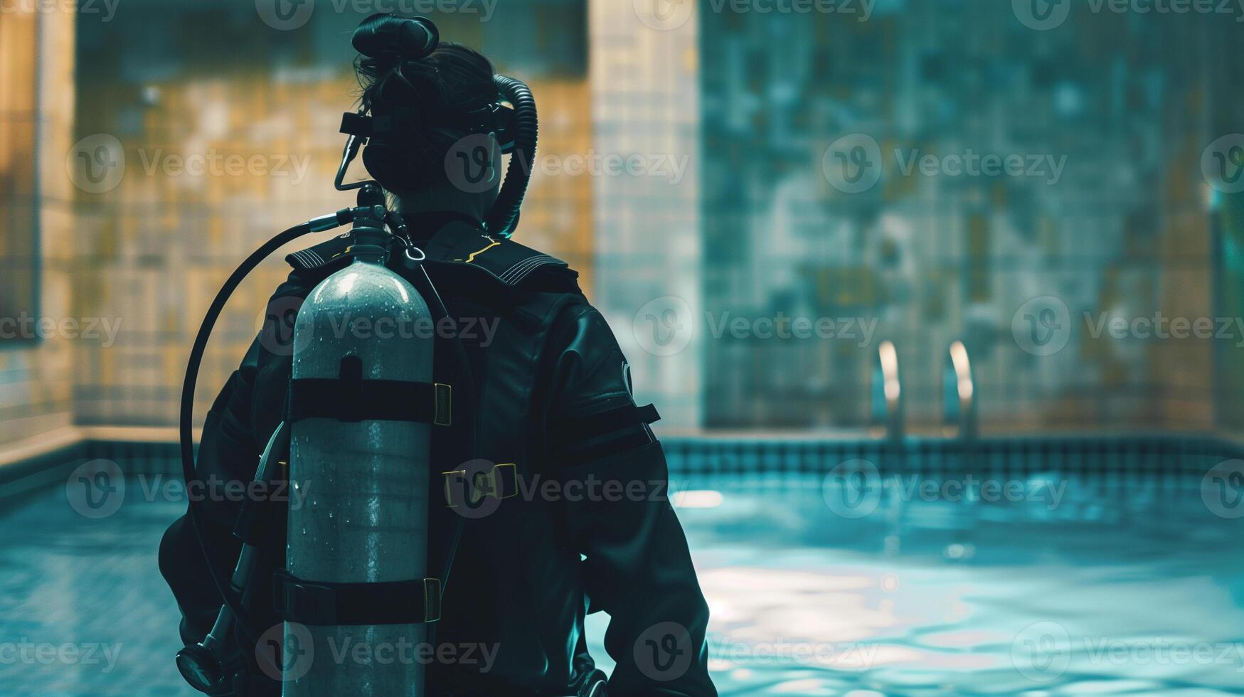 AI generated A woman in scuba gear stands poised at the edge of an indoor pool photo