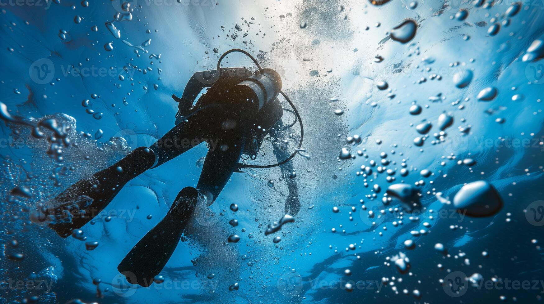 ai generado posterior ver de escafandra autónoma buzo en el Oceano foto